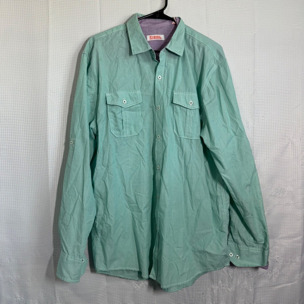 Michael Brandon Button Down Shirt Cotton Blend Roll Tab Sleeve Utility Casual